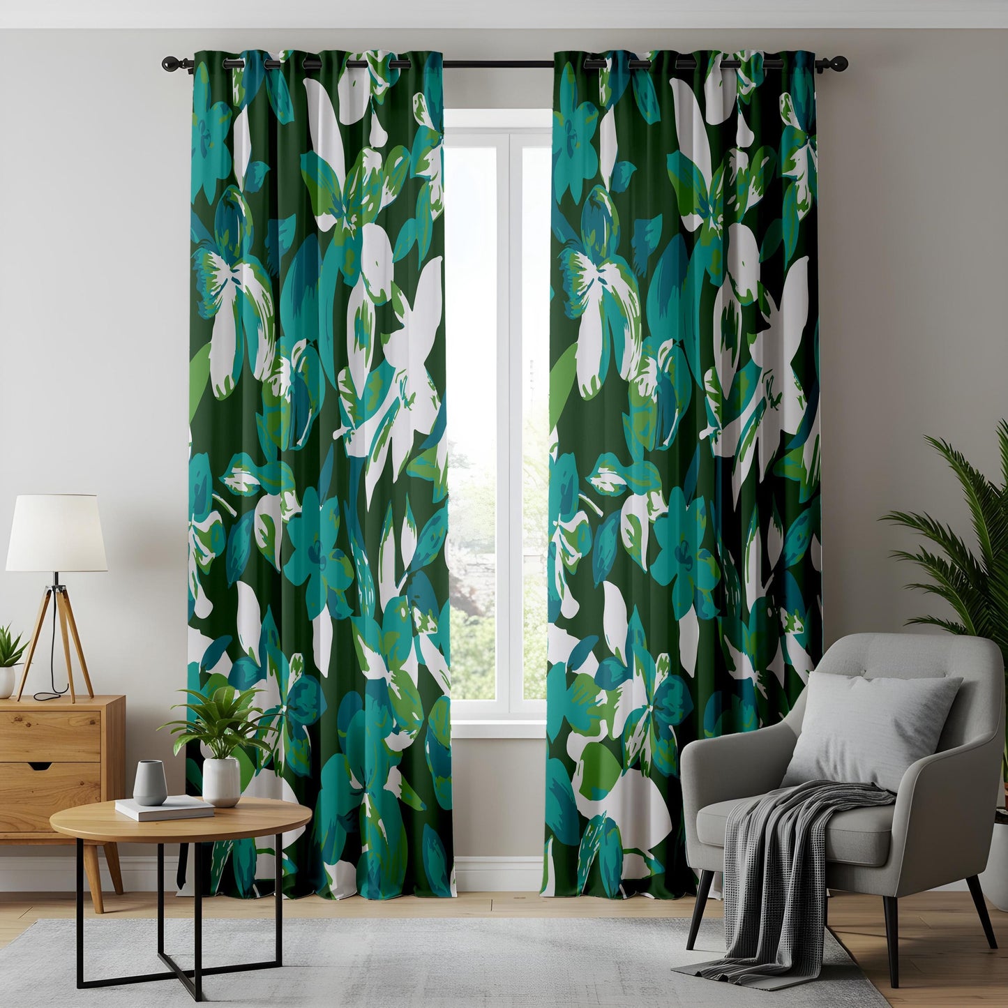 Onay Emerald Green Teal Abstract Floral Curtains – Bold Living Room Decor