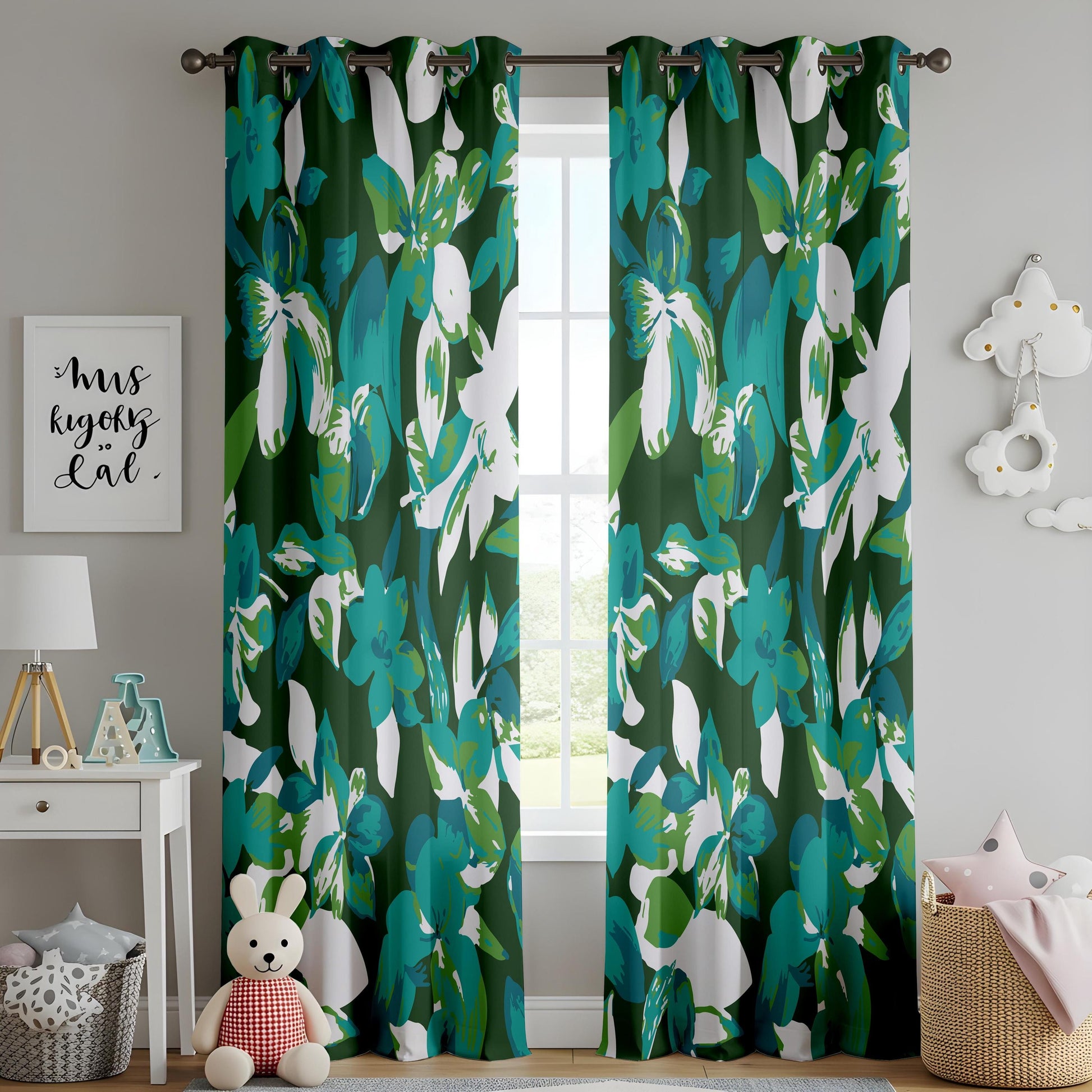 Onay Emerald Green Teal Abstract Floral Curtains – Bold Living Room Decor