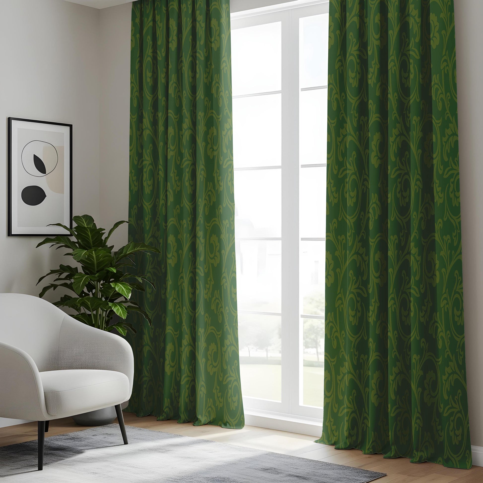 Onay Moss Green Damask Curtains – Vintage Baroque Scroll Drapes