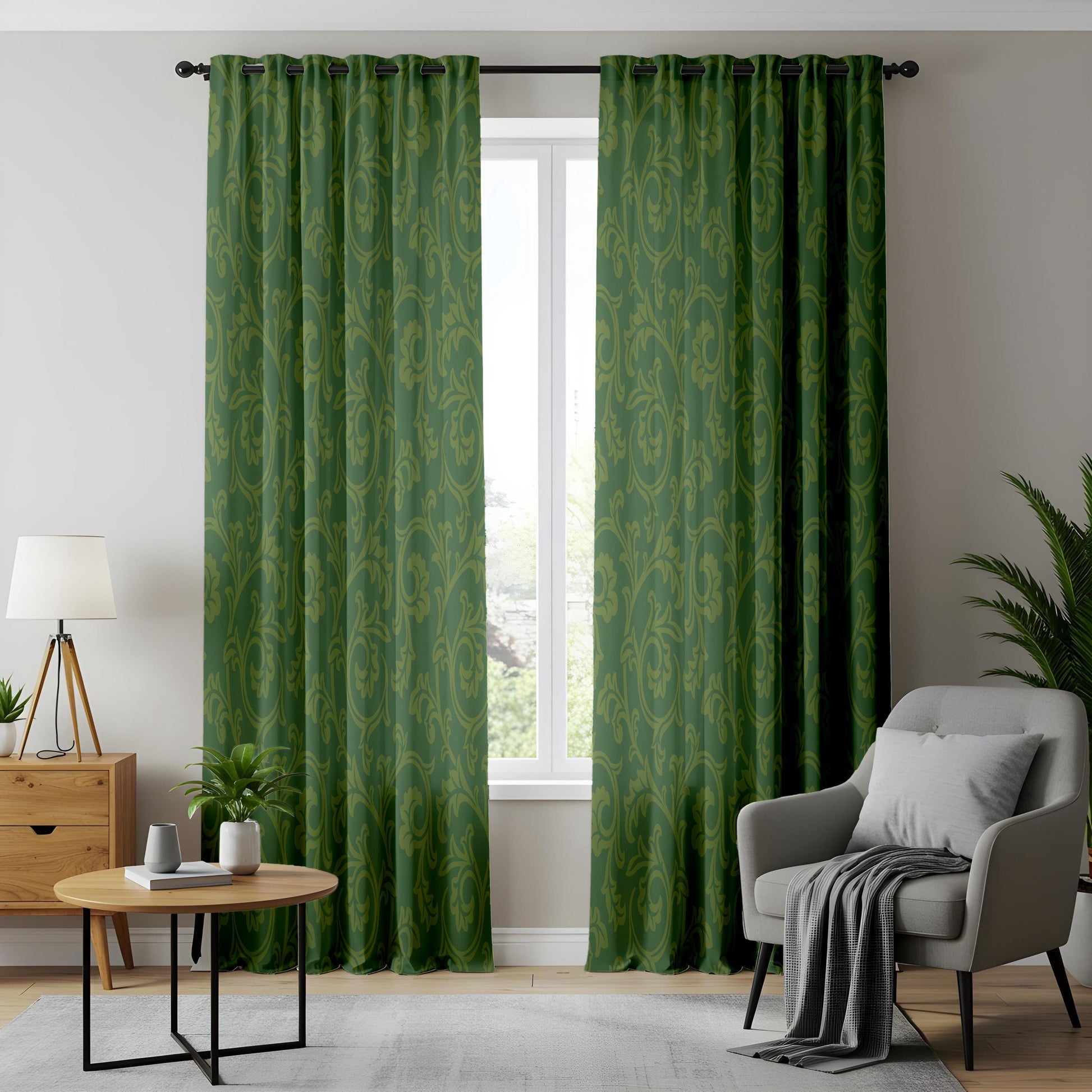 Onay Moss Green Damask Curtains – Vintage Baroque Scroll Drapes