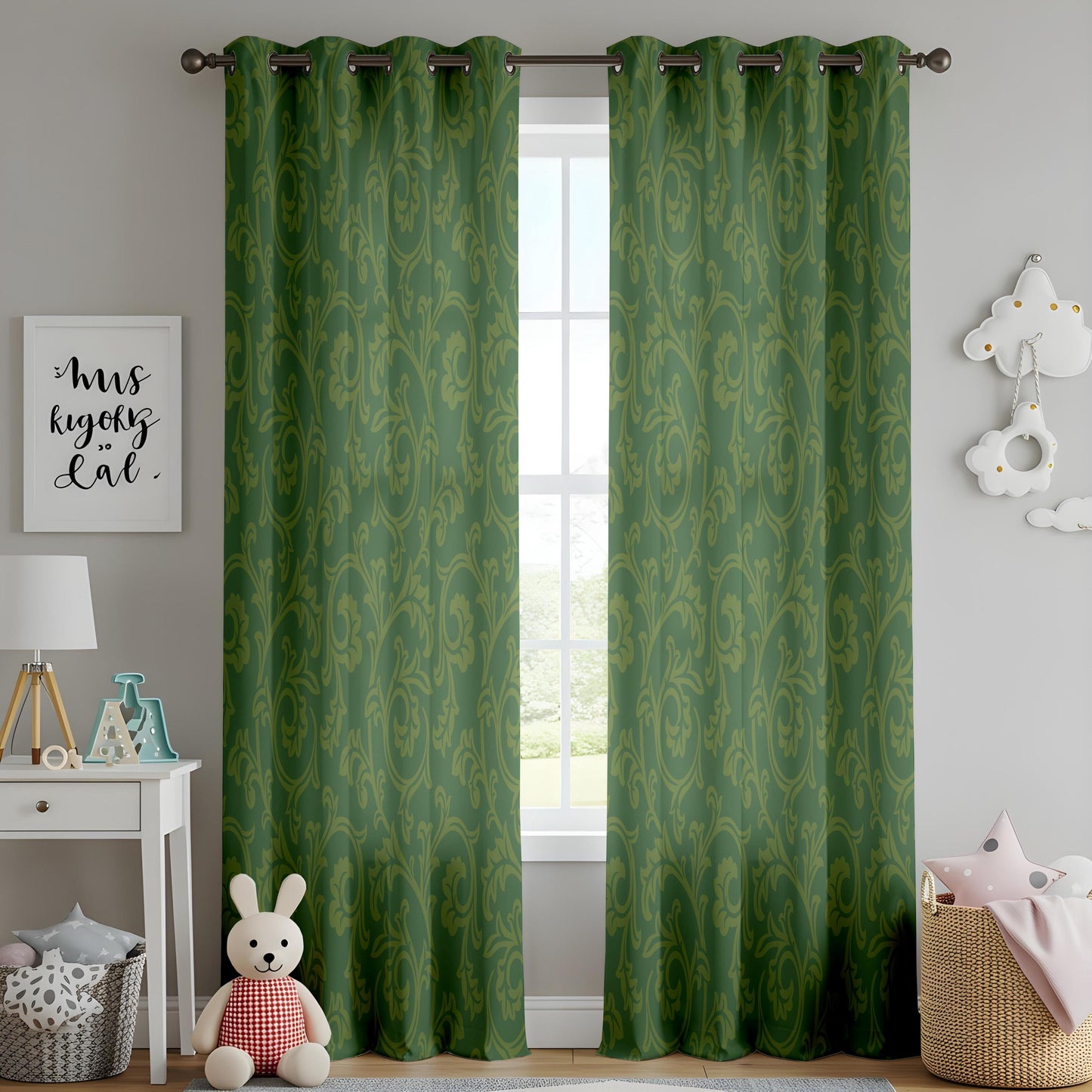 Onay Moss Green Damask Curtains – Vintage Baroque Scroll Drapes