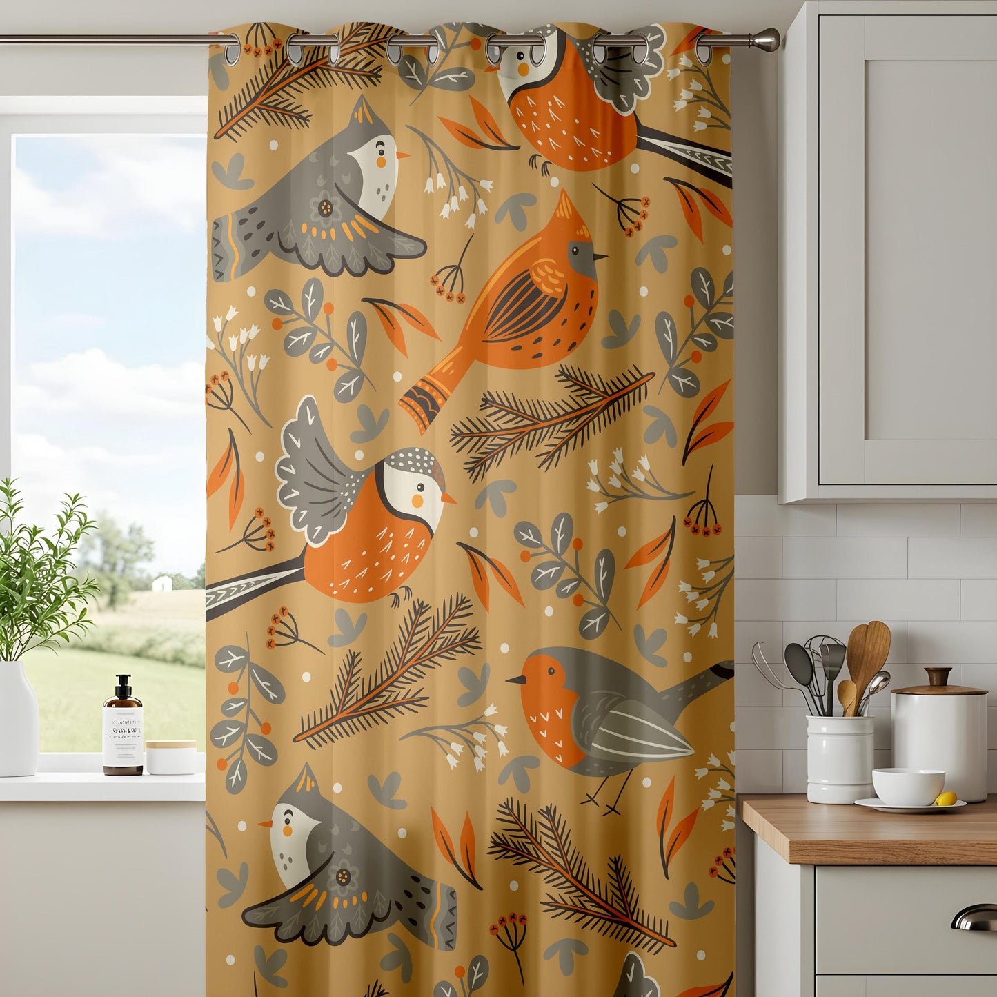 Onay Mustard Yellow Bird Curtains – Scandi Folk Art Drapes