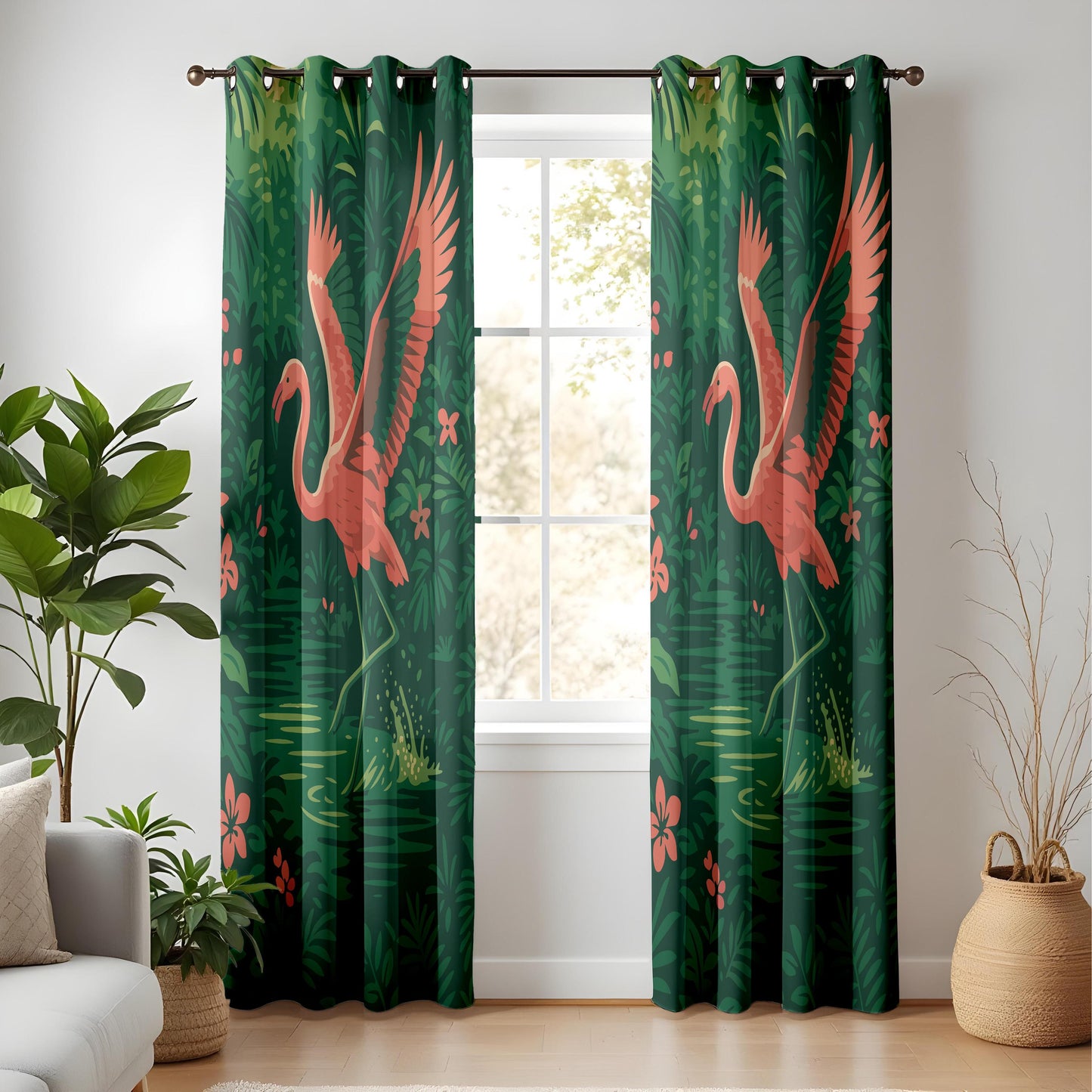 Onay Pink Flamingo Tropical Curtains – Deep Green Jungle Drapes