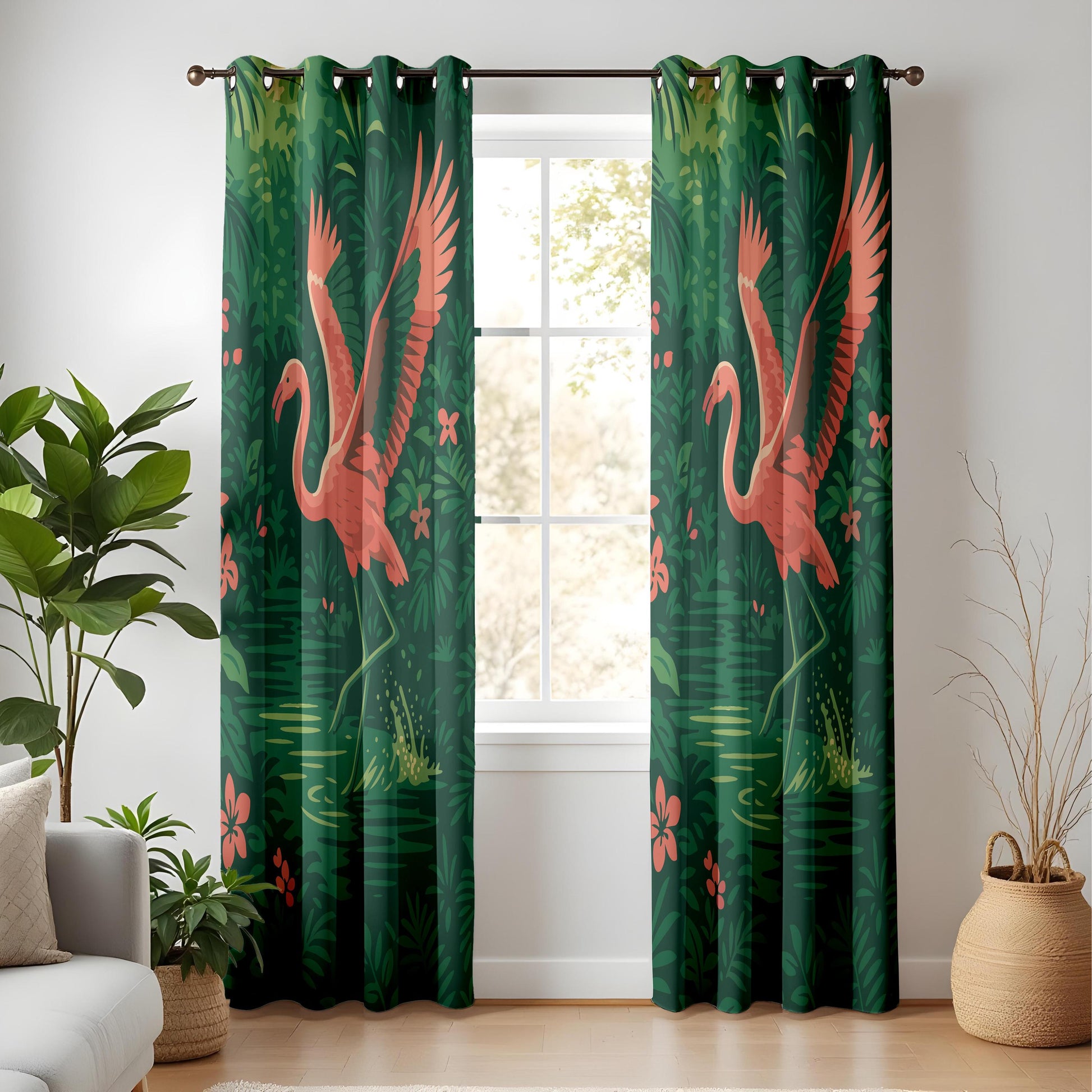 Onay Pink Flamingo Tropical Curtains – Deep Green Jungle Drapes