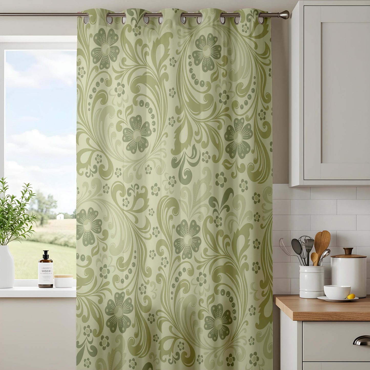 Onay Sage Green Damask Curtains – Vintage Baroque Scroll Drapes