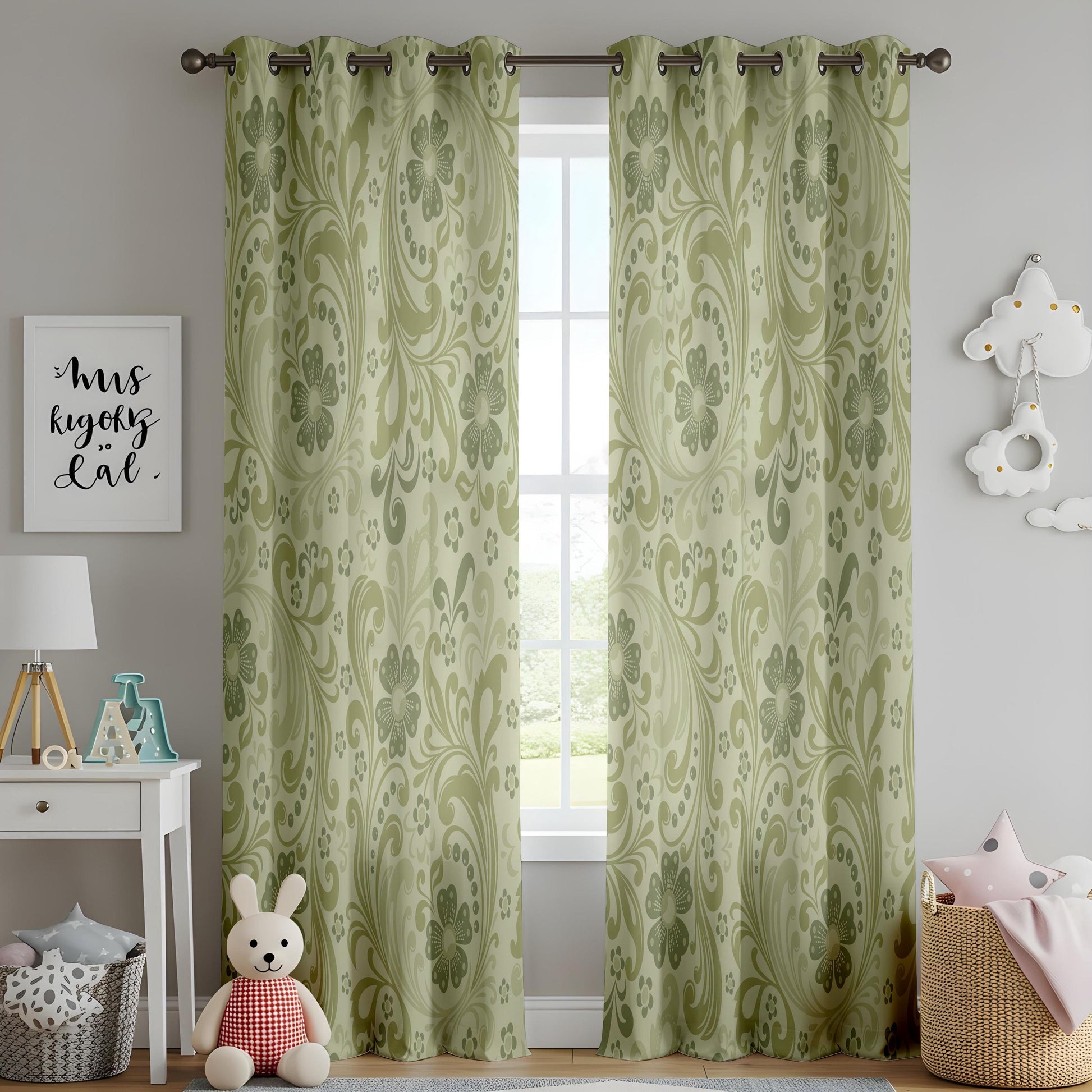 Onay Sage Green Damask Curtains – Vintage Baroque Scroll Drapes