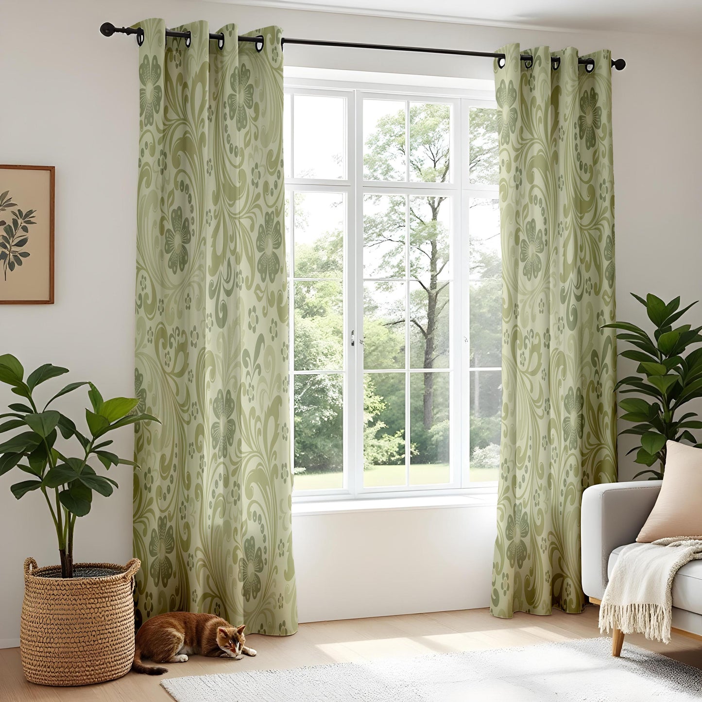 Onay Sage Green Damask Curtains – Vintage Baroque Scroll Drapes