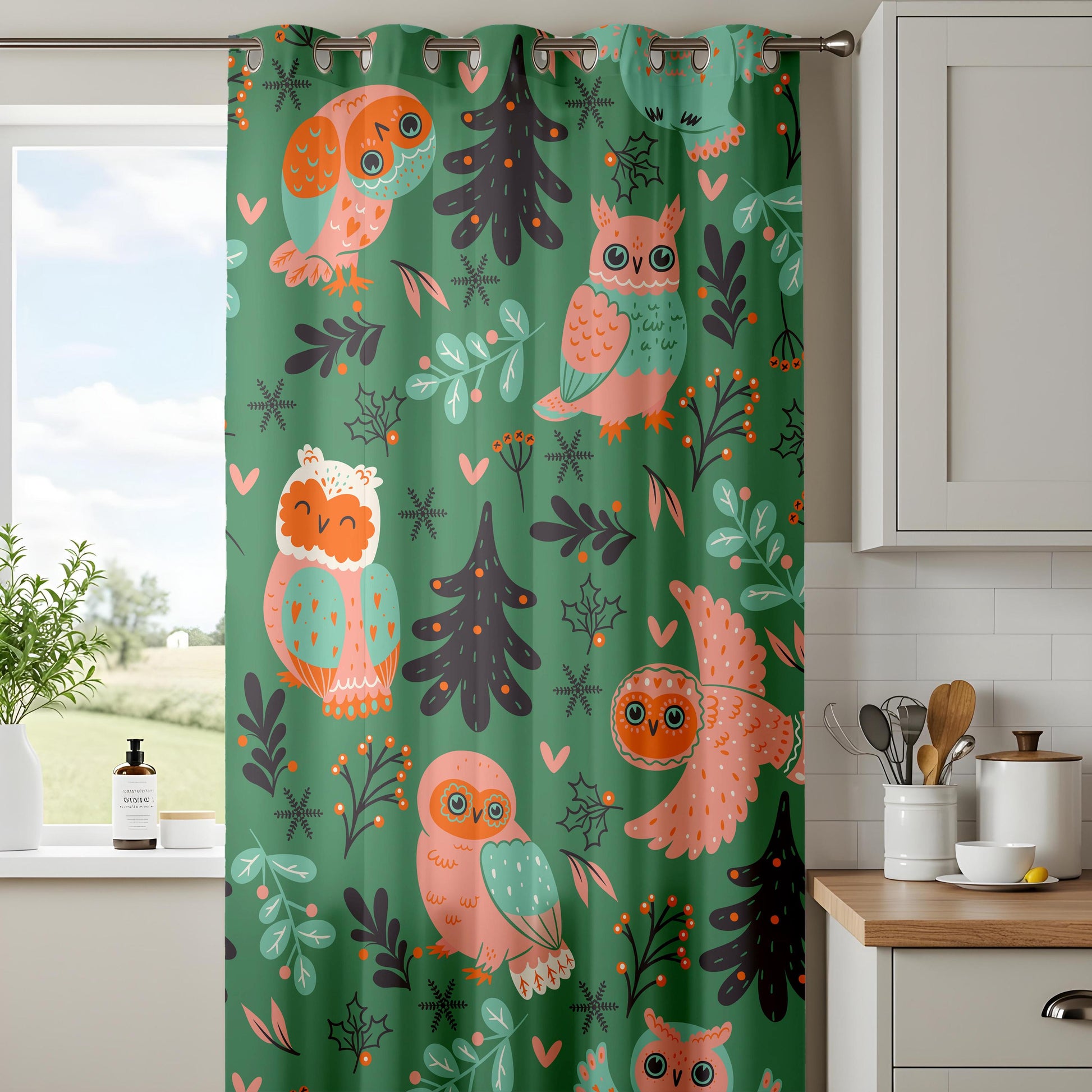 Onay Green Owl Nursery Curtains – Scandi Woodland Animal Drapes