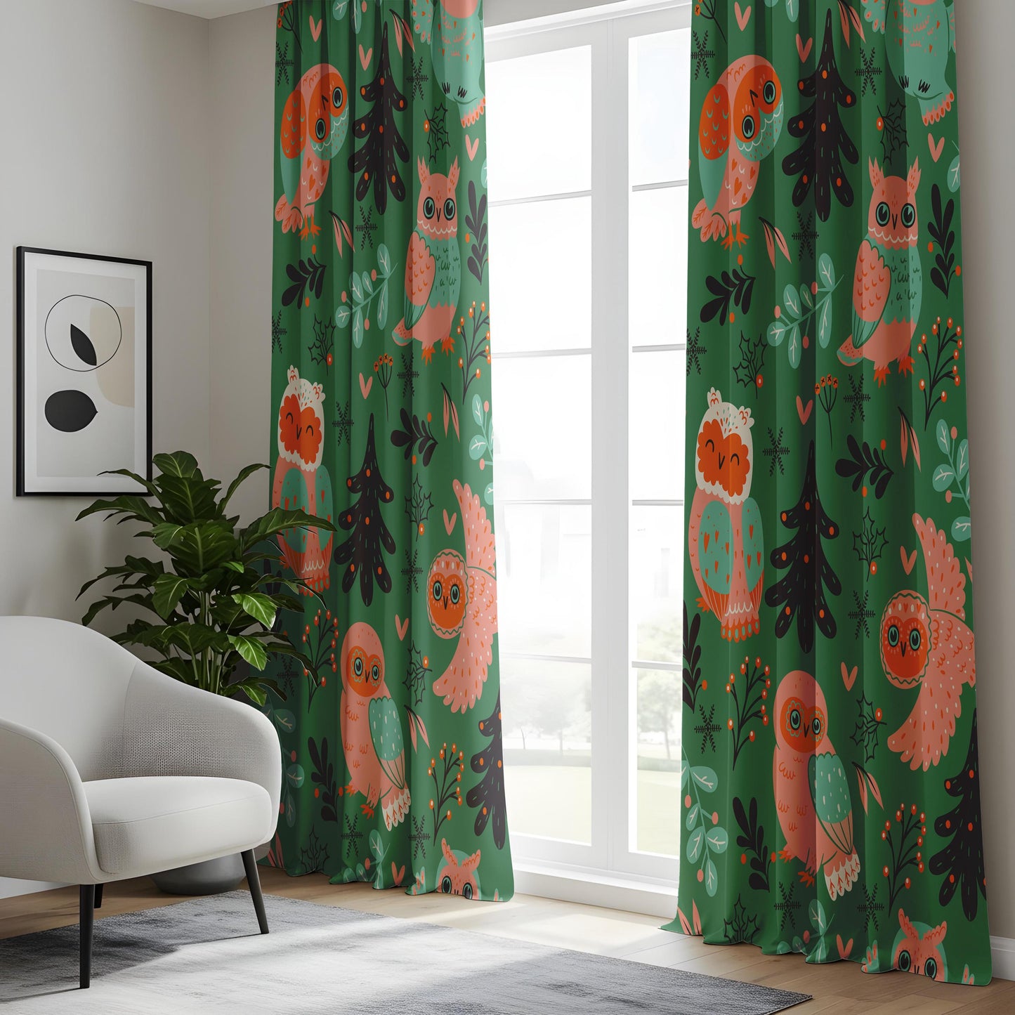 Onay Green Owl Nursery Curtains – Scandi Woodland Animal Drapes