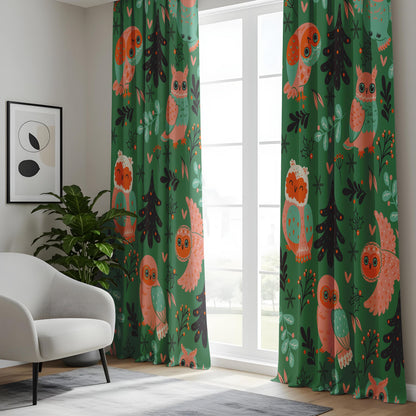 Onay Green Owl Nursery Curtains – Scandi Woodland Animal Drapes
