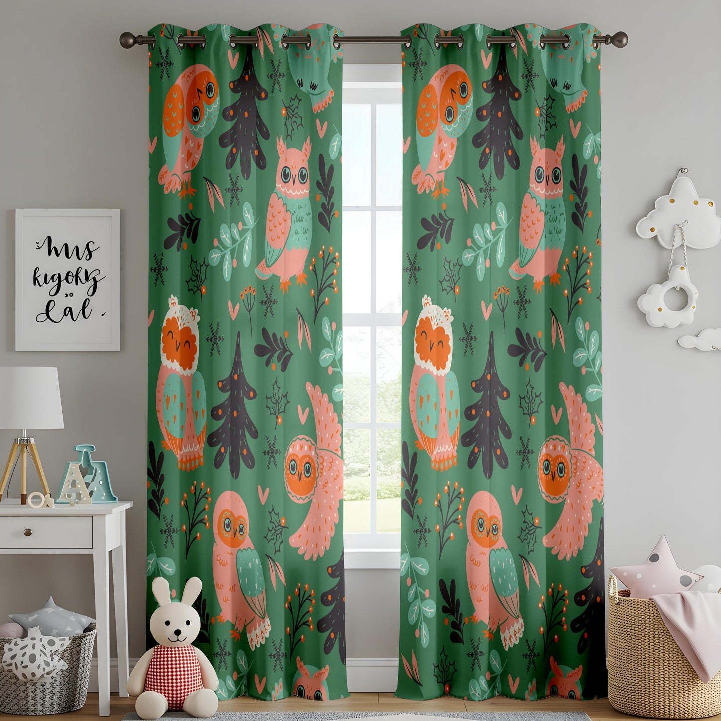 Onay Green Owl Nursery Curtains – Scandi Woodland Animal Drapes