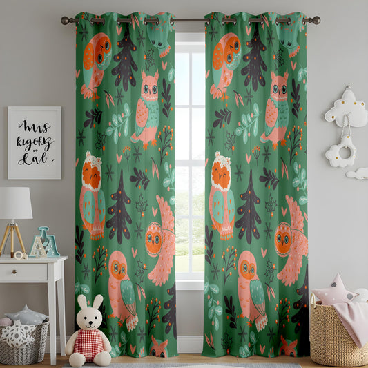 Onay Green Owl Nursery Curtains – Scandi Woodland Animal Drapes