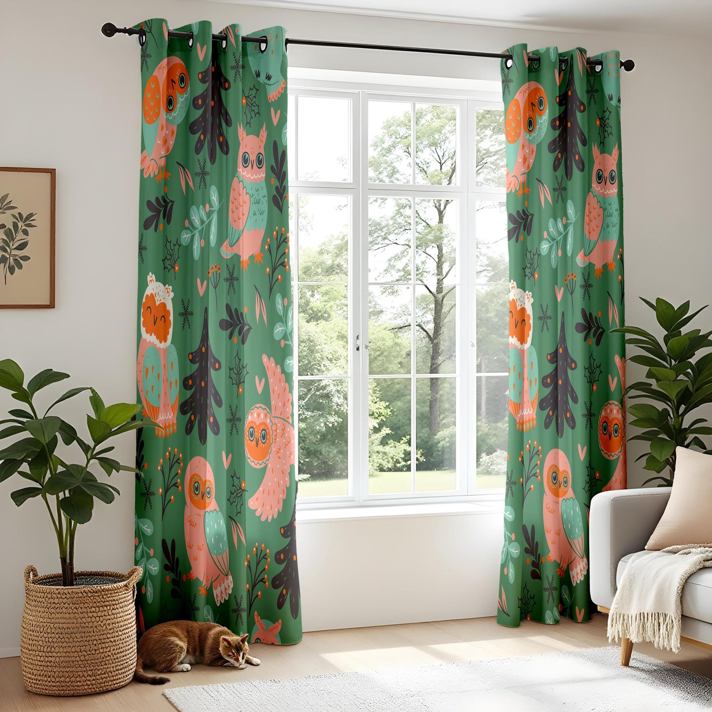 Onay Green Owl Nursery Curtains – Scandi Woodland Animal Drapes