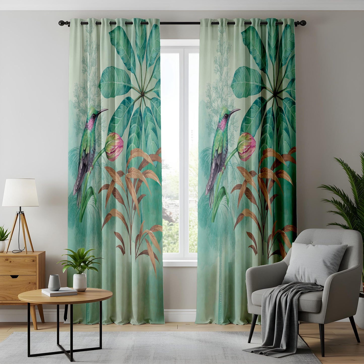 Onay Watercolor Hummingbird Curtains – Teal Tropical Bird Drapes