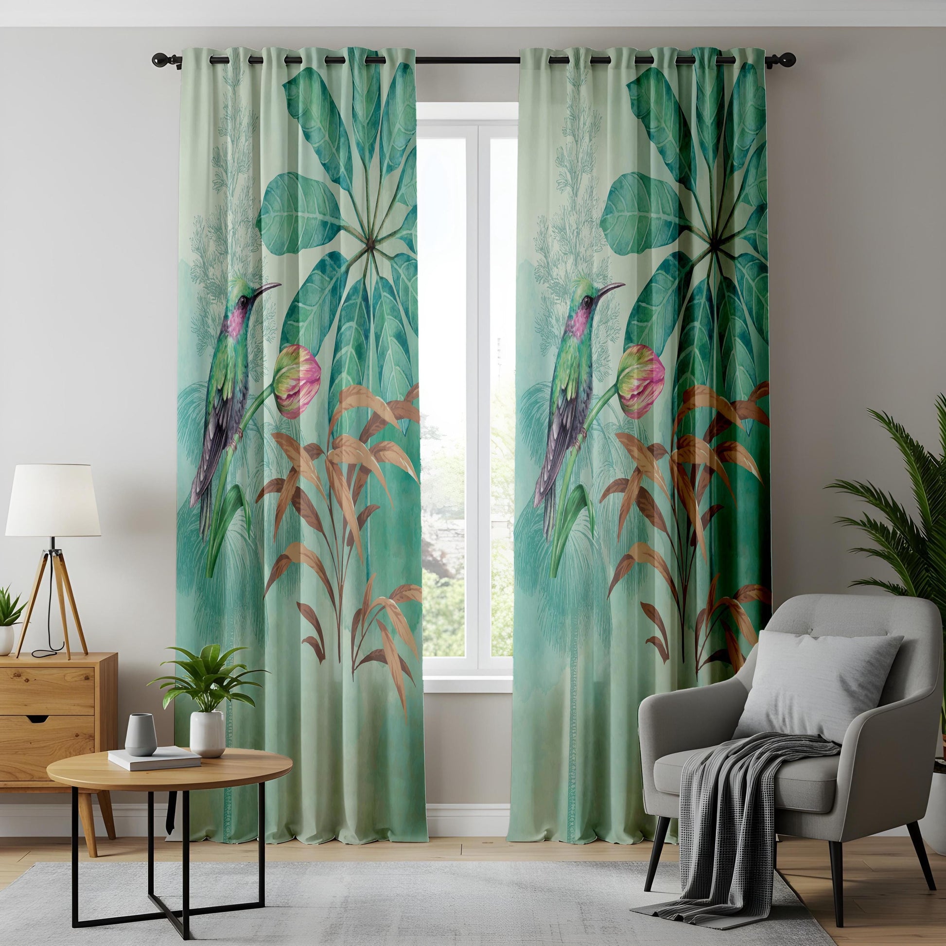 Onay Watercolor Hummingbird Curtains – Teal Tropical Bird Drapes