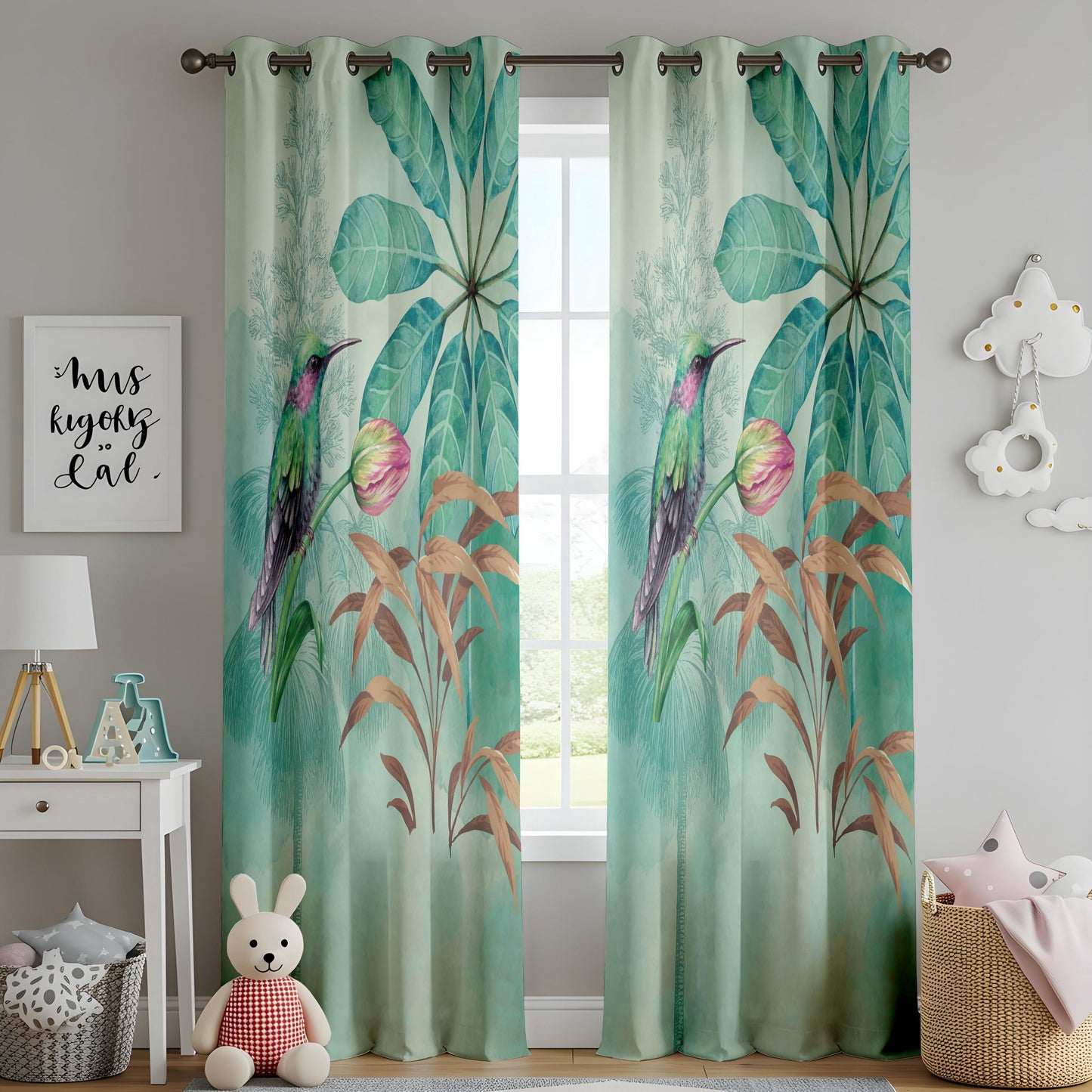 Onay Watercolor Hummingbird Curtains – Teal Tropical Bird Drapes