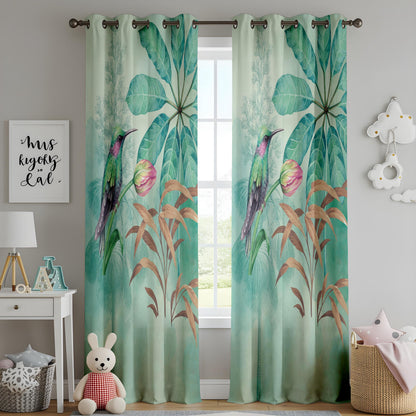 Onay Watercolor Hummingbird Curtains – Teal Tropical Bird Drapes
