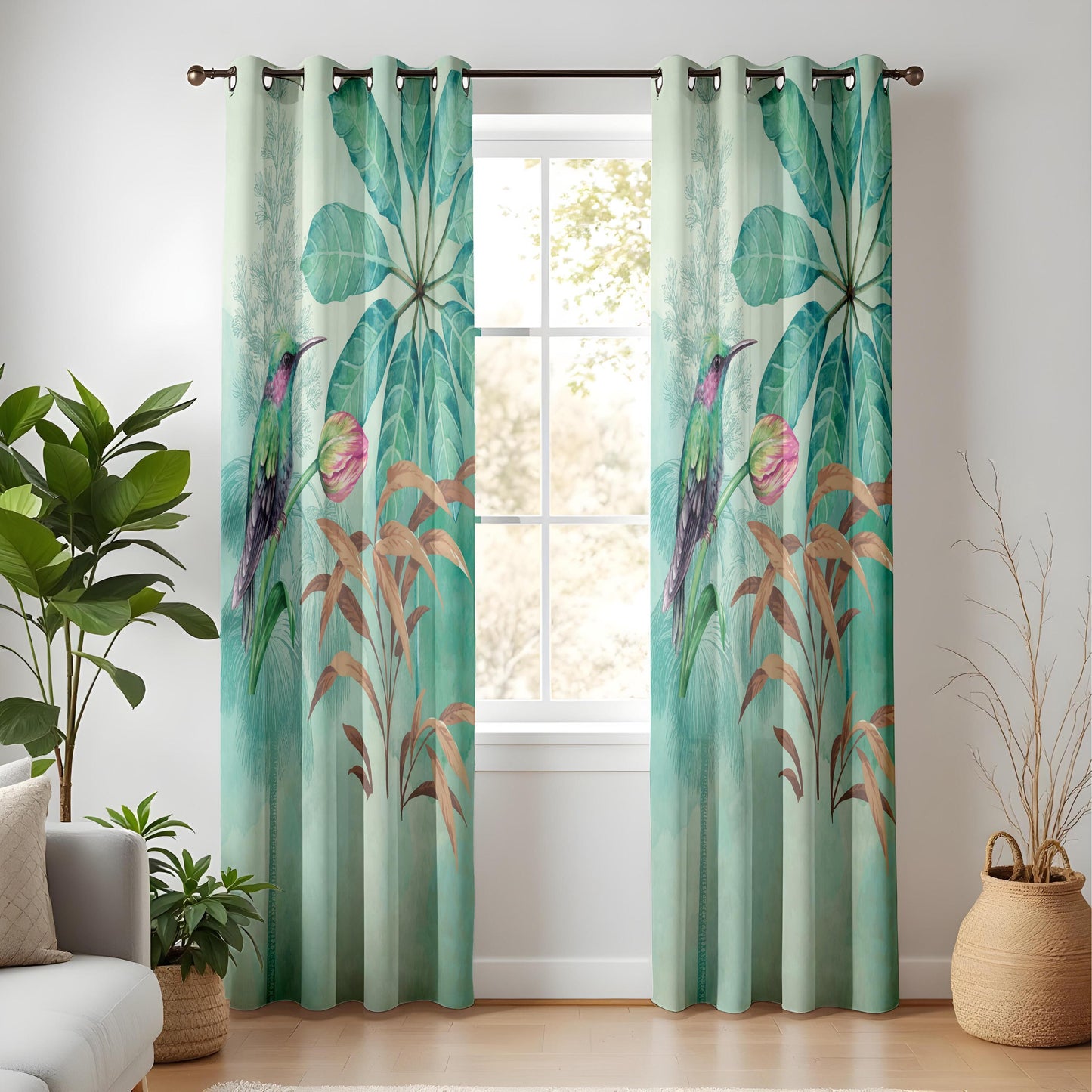 Onay Watercolor Hummingbird Curtains – Teal Tropical Bird Drapes