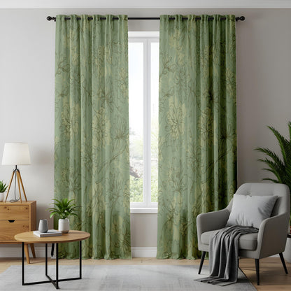 Onay Sage Green Floral Sketch Curtains – Vintage Botanical Line Art Drapes