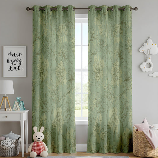 Onay Sage Green Floral Sketch Curtains – Vintage Botanical Line Art Drapes