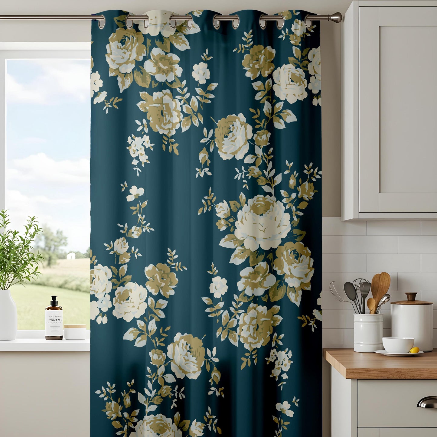 Onay Dark Teal Blue Floral Curtains – Vintage Gold Rose Drapes