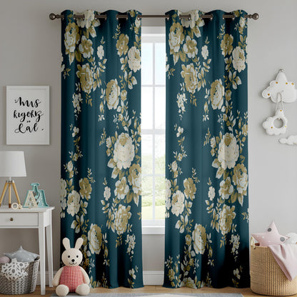 Onay Dark Teal Blue Floral Curtains – Vintage Gold Rose Drapes