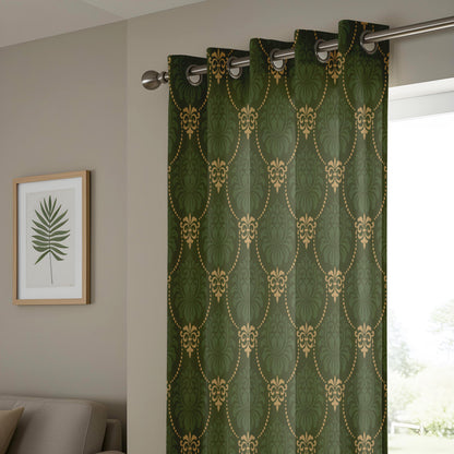 Onay Dark Green Gold Trellis Curtains – Vintage Art Deco Chain Drapes