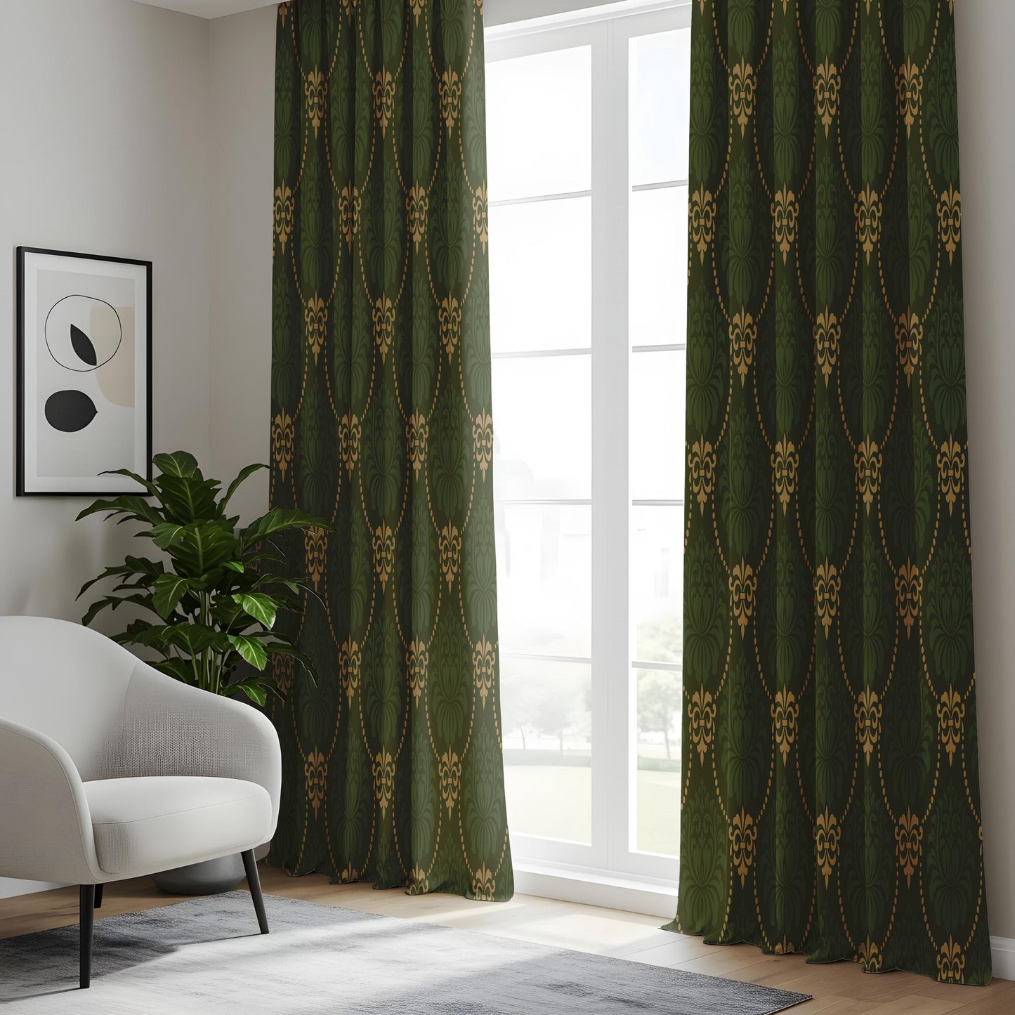 Onay Dark Green Gold Trellis Curtains – Vintage Art Deco Chain Drapes