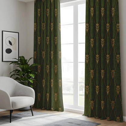 Onay Dark Green Gold Trellis Curtains – Vintage Art Deco Chain Drapes