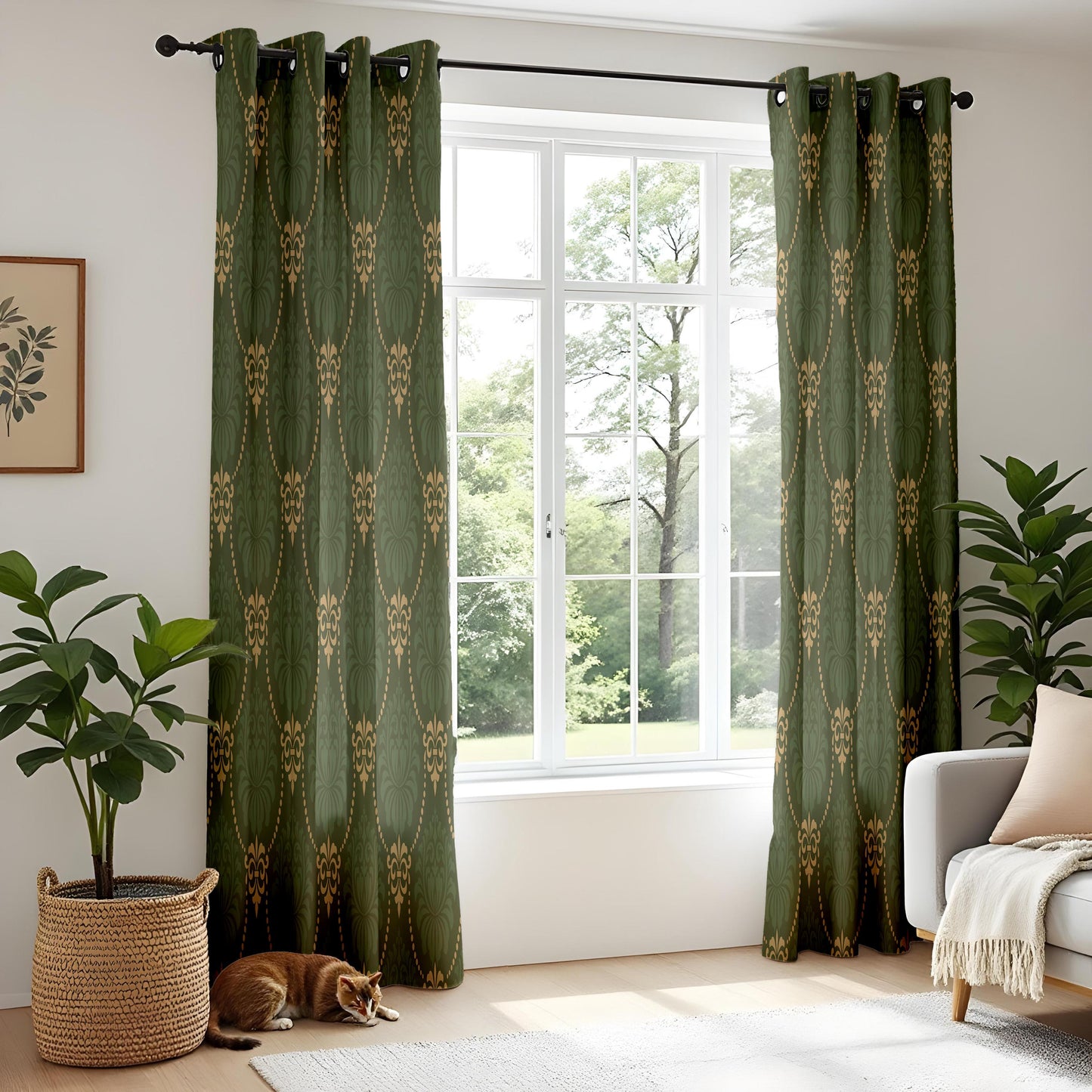 Onay Dark Green Gold Trellis Curtains – Vintage Art Deco Chain Drapes