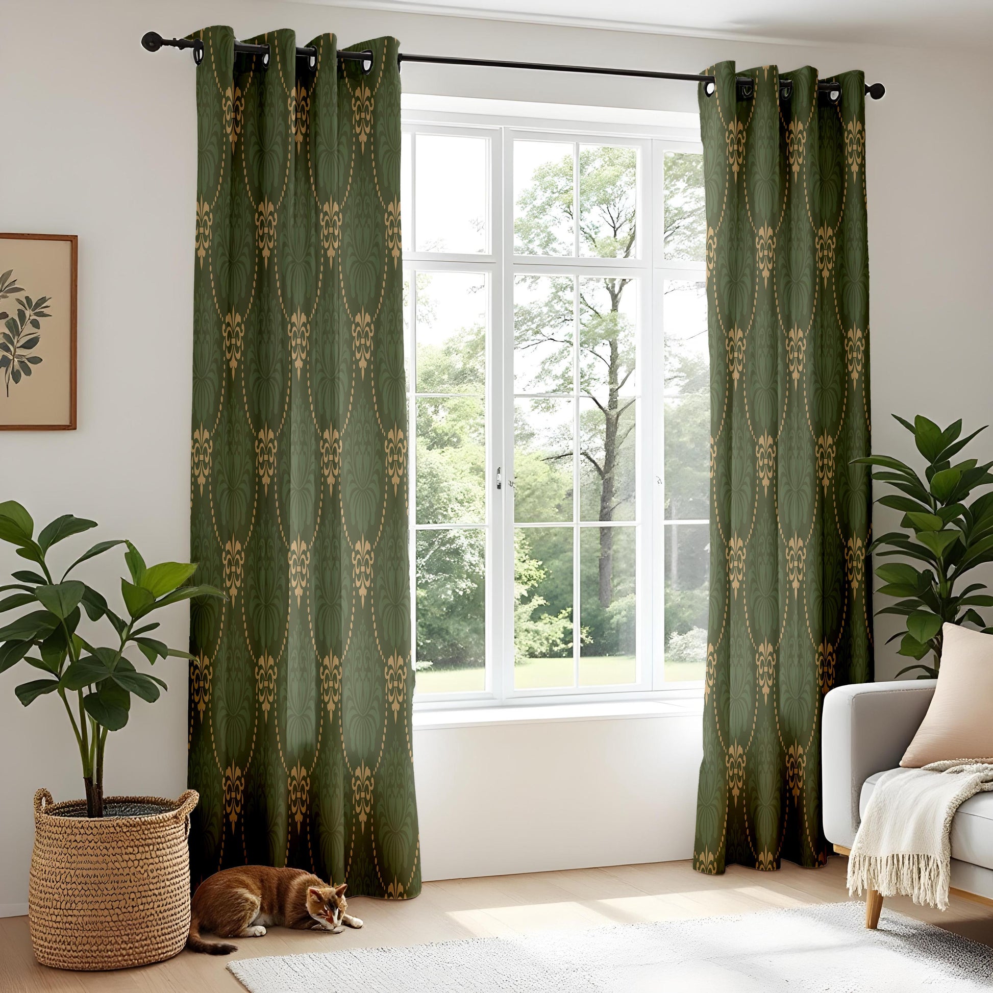 Onay Dark Green Gold Trellis Curtains – Vintage Art Deco Chain Drapes
