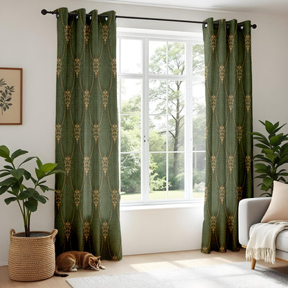 Onay Dark Green Gold Trellis Curtains – Vintage Art Deco Chain Drapes