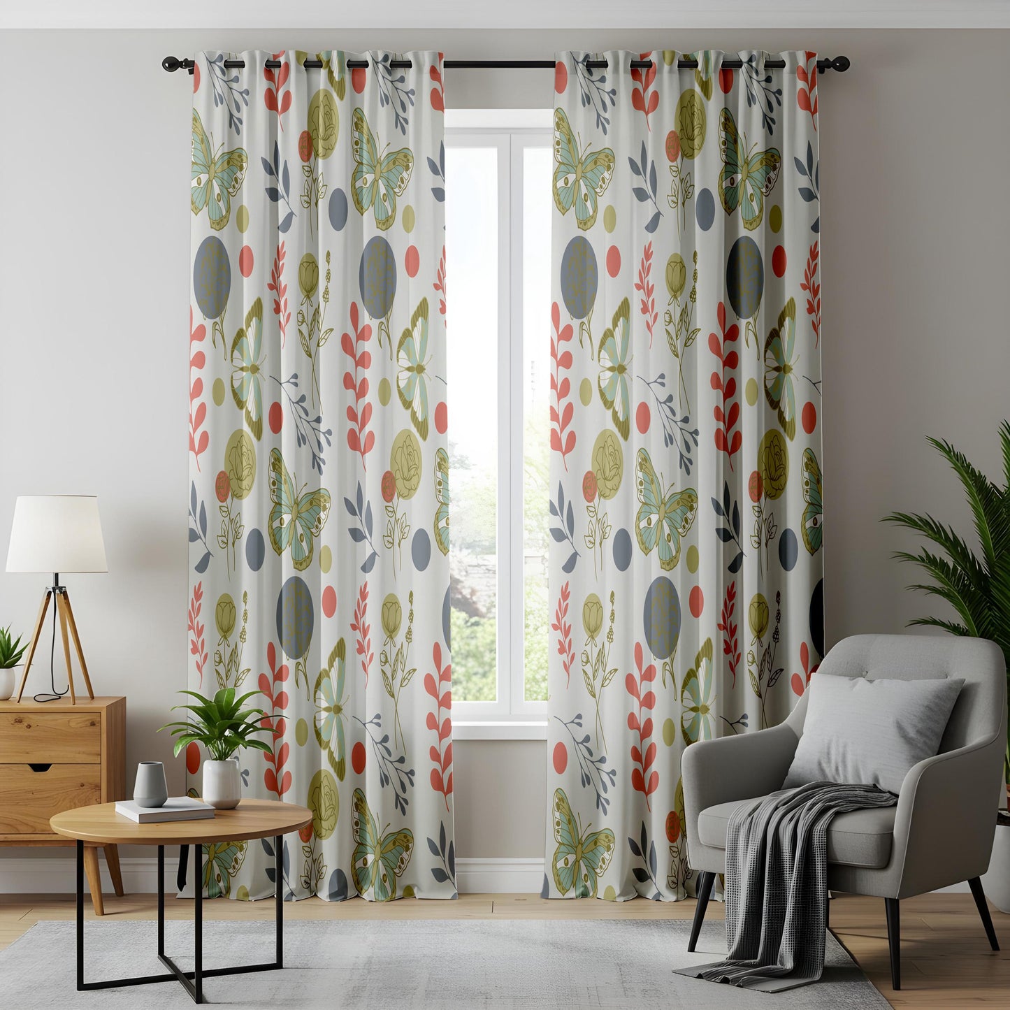 Onay Retro Butterfly Curtains – Sage Green Rust Moth Drapes