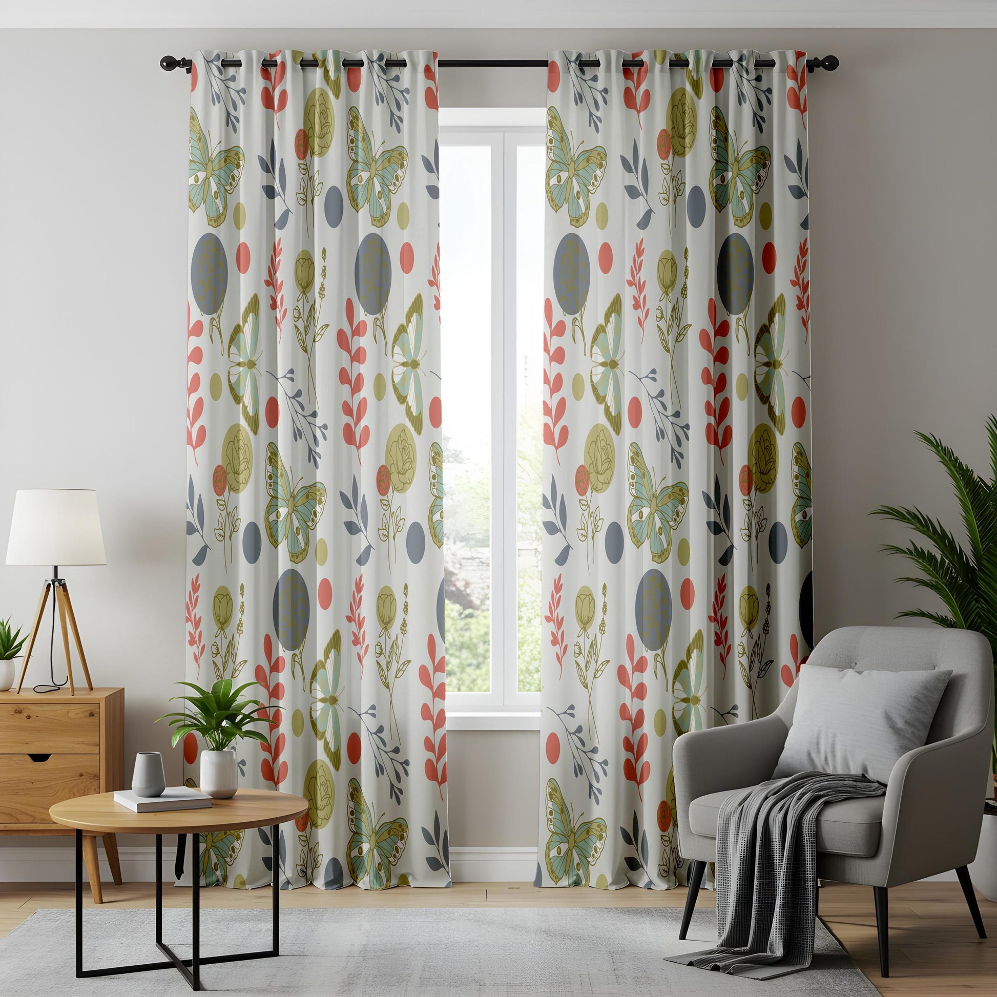 Onay Retro Butterfly Curtains – Sage Green Rust Moth Drapes