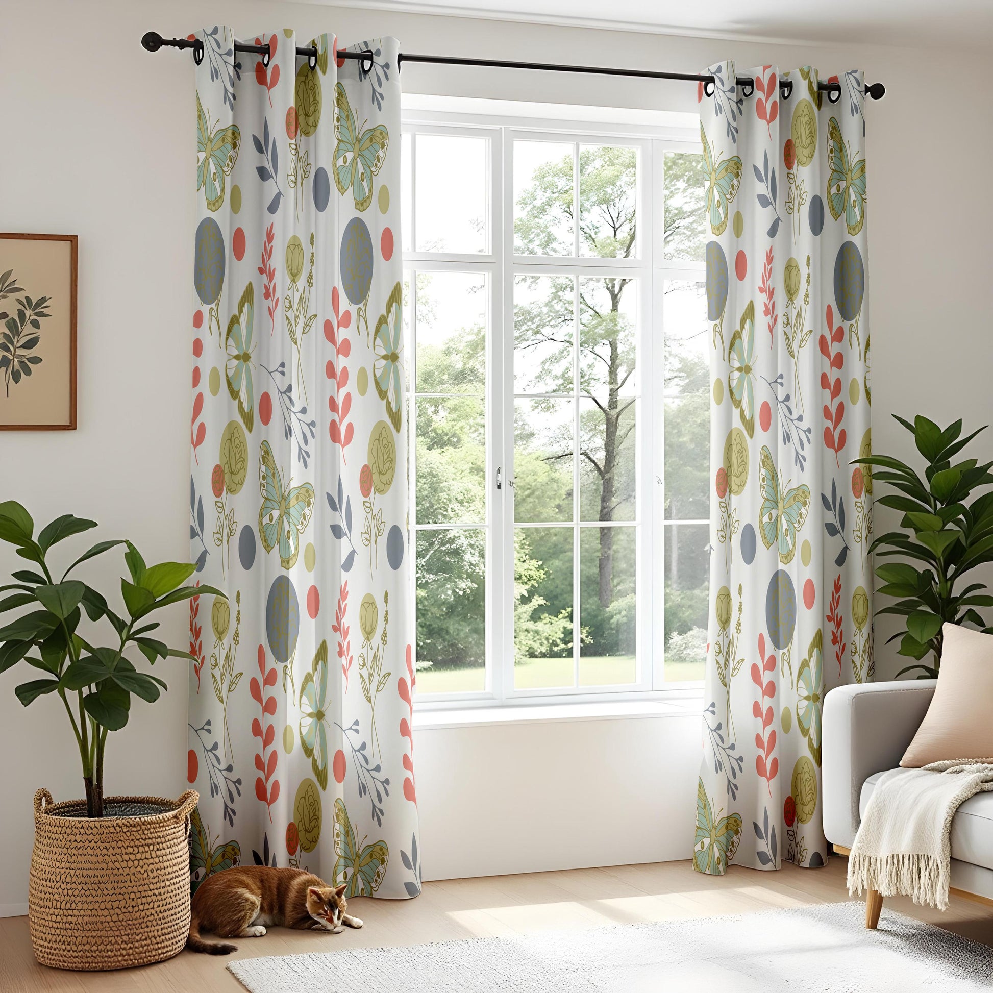 Onay Retro Butterfly Curtains – Sage Green Rust Moth Drapes