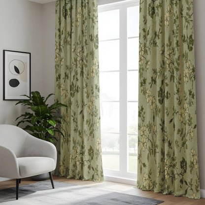 Onay Sage Green Wildflower Curtains – Vintage Botanical Sketch Drapes