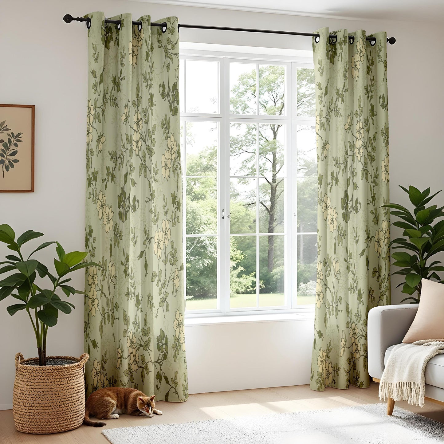 Onay Sage Green Wildflower Curtains – Vintage Botanical Sketch Drapes
