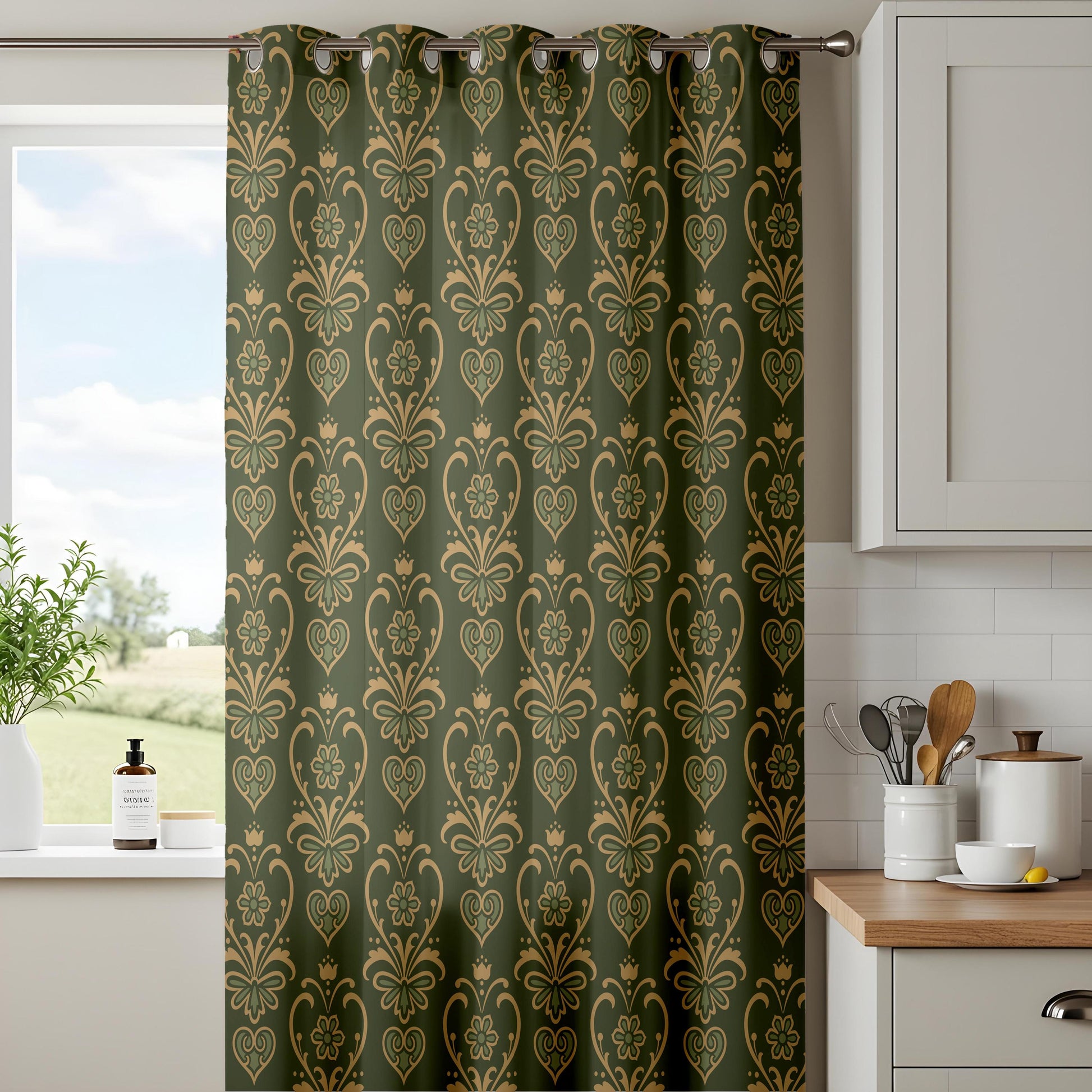 Onay Dark Green Gold Damask Curtains – Vintage Victorian Gothic Drapes