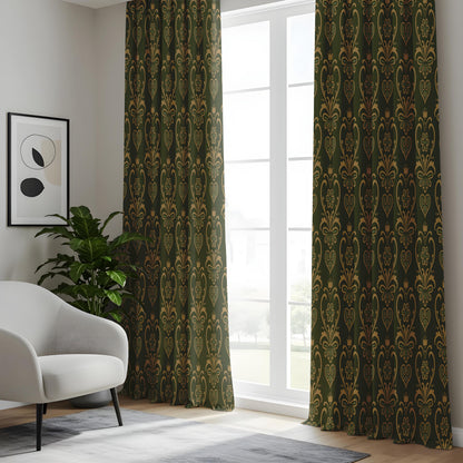 Onay Dark Green Gold Damask Curtains – Vintage Victorian Gothic Drapes
