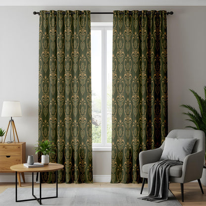 Onay Dark Green Gold Damask Curtains – Vintage Victorian Gothic Drapes
