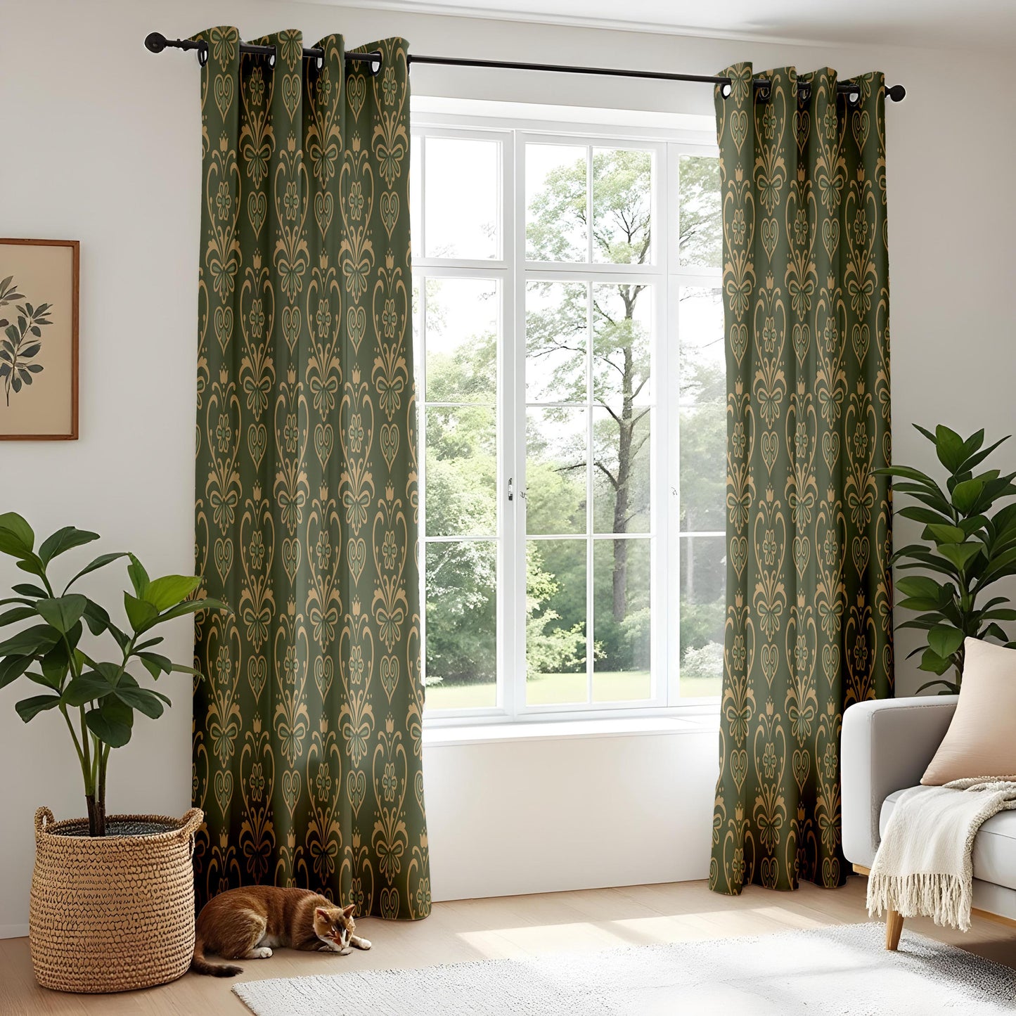 Onay Dark Green Gold Damask Curtains – Vintage Victorian Gothic Drapes