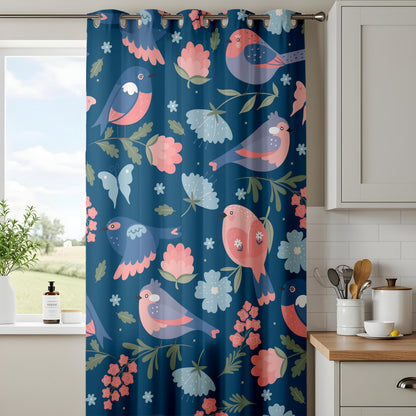 Onay Navy Blue Scandi Bird Curtains – Folk Art Floral Drapes