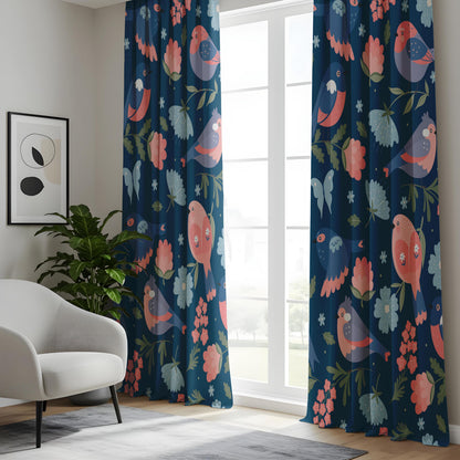 Onay Navy Blue Scandi Bird Curtains – Folk Art Floral Drapes