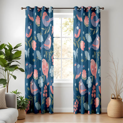 Onay Navy Blue Scandi Bird Curtains – Folk Art Floral Drapes