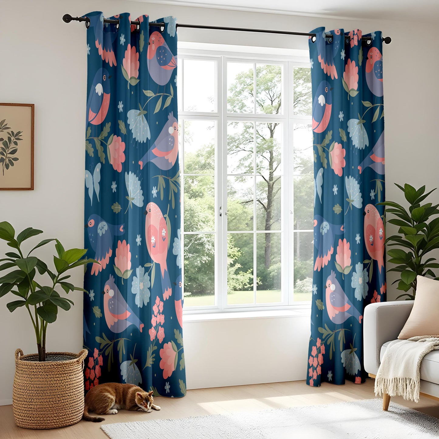 Onay Navy Blue Scandi Bird Curtains – Folk Art Floral Drapes