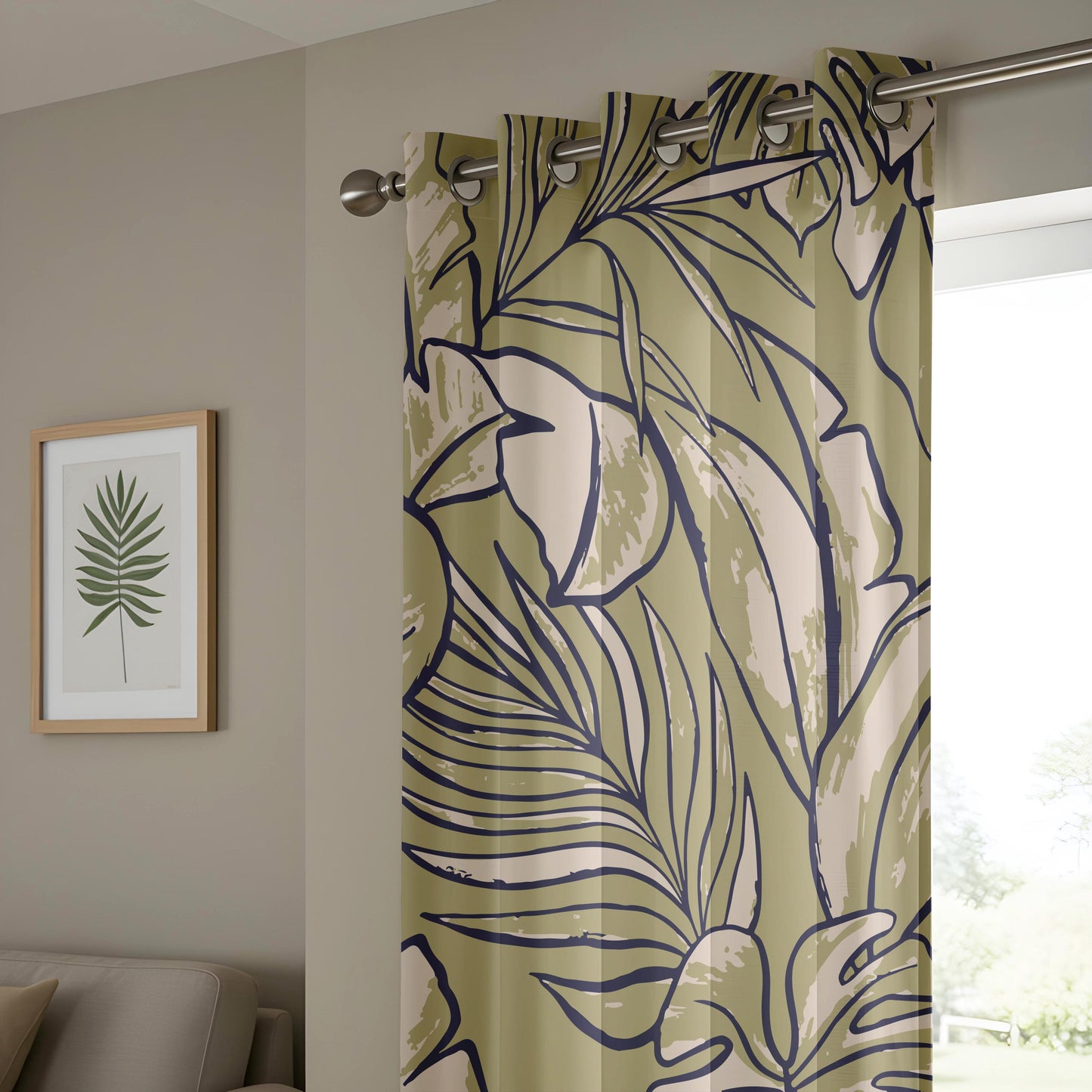 Onay Olive Green Abstract Tropical Curtains – Modern Leaf Line Art Drapes