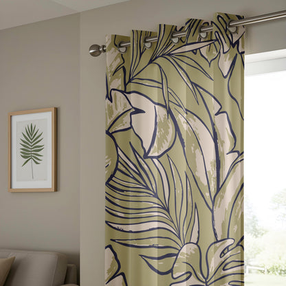 Onay Olive Green Abstract Tropical Curtains – Modern Leaf Line Art Drapes