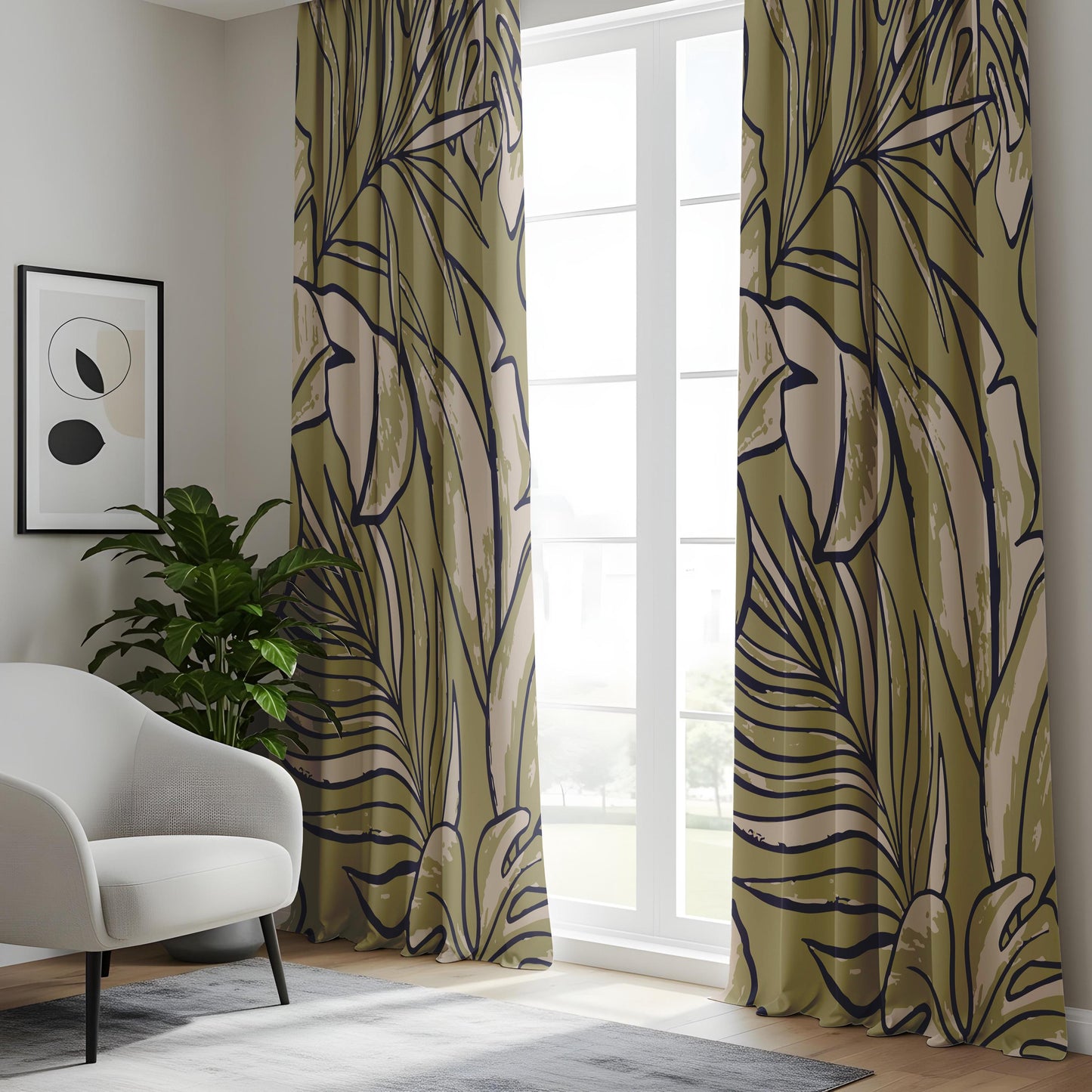 Onay Olive Green Abstract Tropical Curtains – Modern Leaf Line Art Drapes