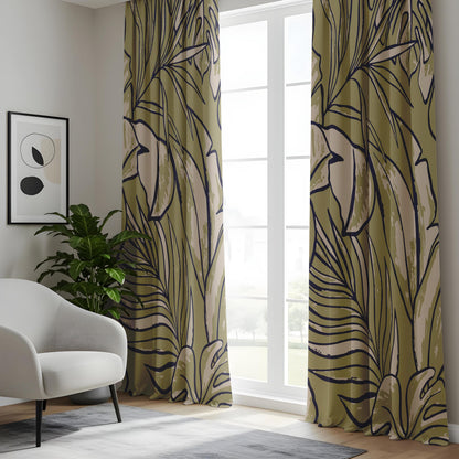 Onay Olive Green Abstract Tropical Curtains – Modern Leaf Line Art Drapes