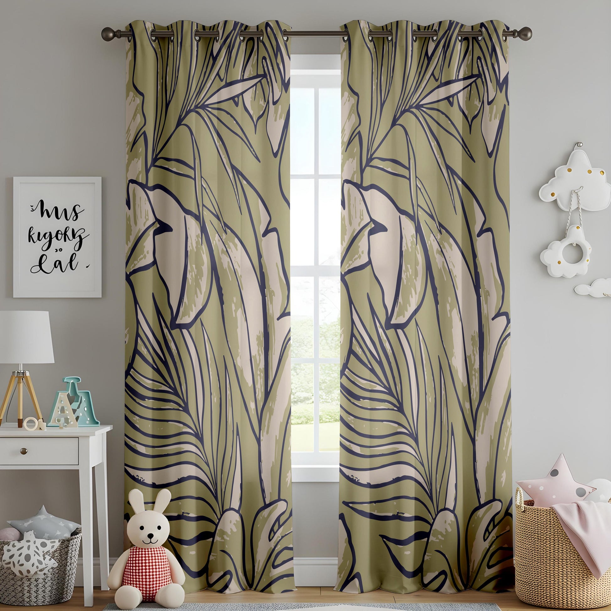 Onay Olive Green Abstract Tropical Curtains – Modern Leaf Line Art Drapes